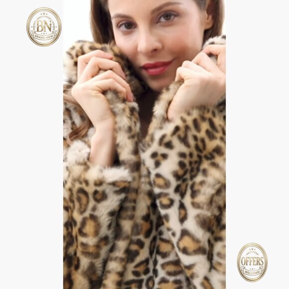 Leopard Print Faux Fur Sherpa Fleece Coat Jacket Overcoat - Picture 7 of 7